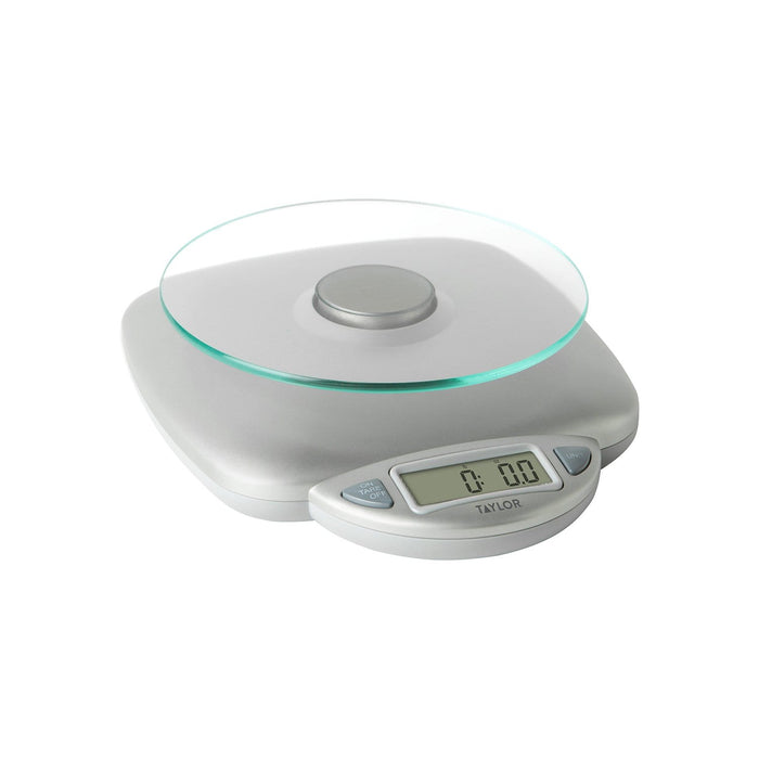 11 lb digital glass top kitchen scale with a circular glass weighing platform and digital display.