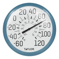 Front view of a 13.25 inch Big & Bold Dial Outdoor Thermometer with a blue frame.