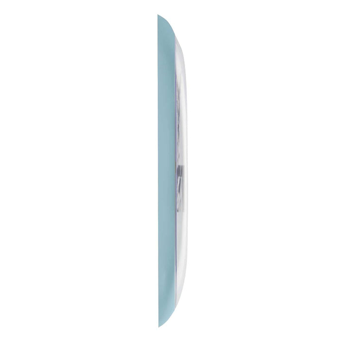 Side view of turquoise framed outdoor thermometer with curved glass
