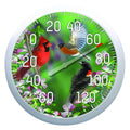 13.25 inch round dial thermometer featuring a spring birds scene with cardinals and other birds