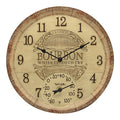 Round rustic bourbon barrel clock with thermometer at bottom and bold black numerals.