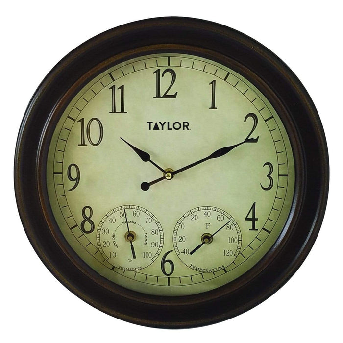 Beige faced 14 inch metal garden clock with dark brown frame and hygrometer and thermometer