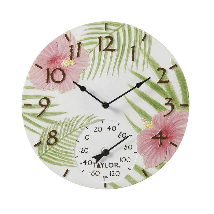 14 inch pink hibiscus clock with thermometer and tropical leaf design