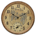 Side view of a rustic 14 inch wine time clock with a grape design and built in thermometer