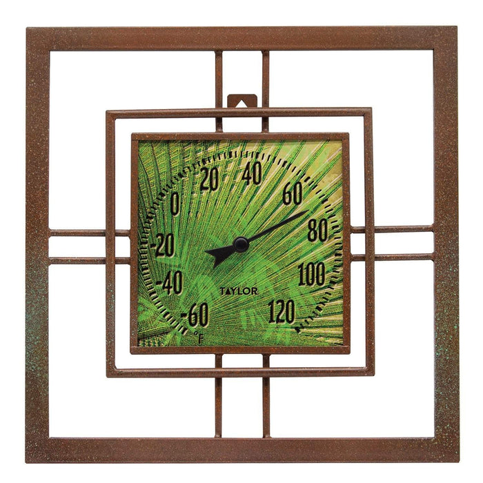 14x14 inch thermometer with bamboo leaf pattern encased in an antique bronze metal frame.