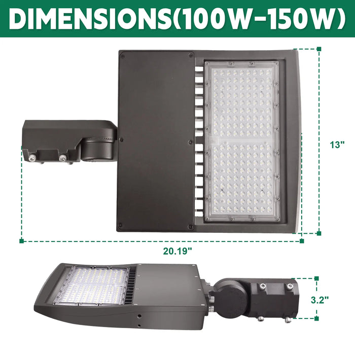 Selectable wattage LED parking lot light with 150W 100W 80W settings and 120-277V input