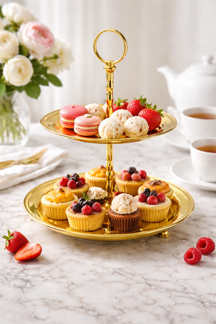 2 Tier Cake Stand | Gold Metal Finish | Decorative Dessert Display
