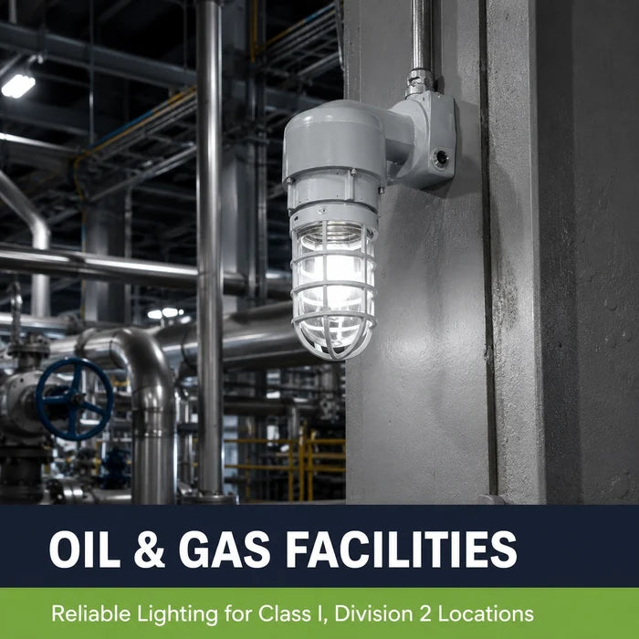 27W Class I Division 2 explosion proof jelly jar light installed in an oil and gas facility