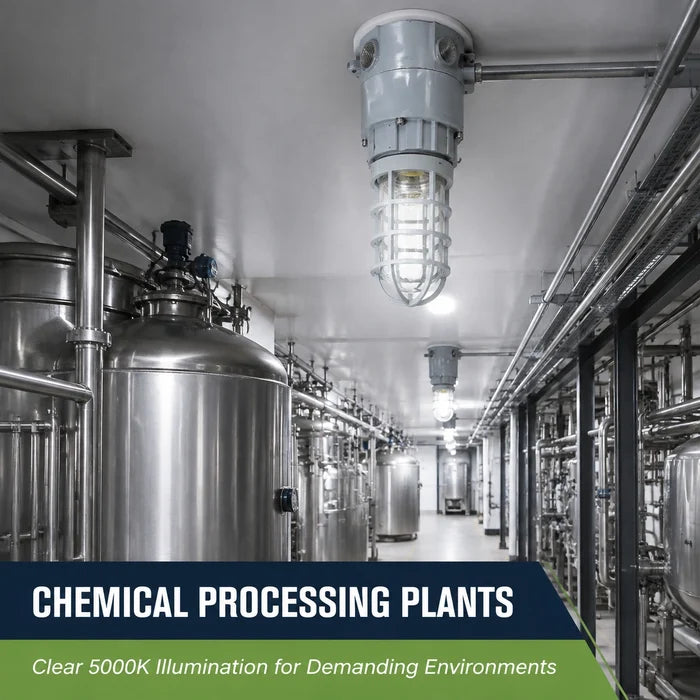 Ceiling-mounted explosion proof jelly jar light illuminating a chemical processing plant