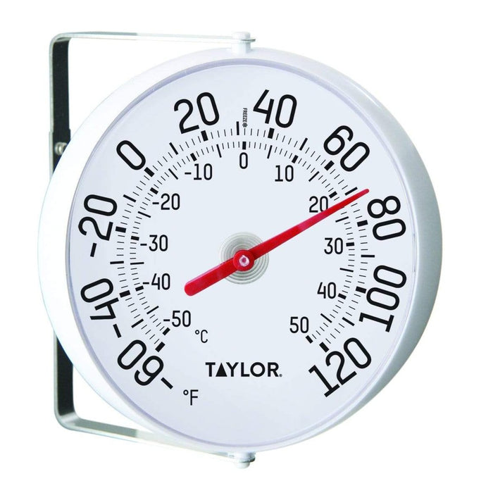 Taylor 5.25 inch Big and Bold thermometer with white dial dual Fahrenheit and Celsius scales and red needle on a bracket