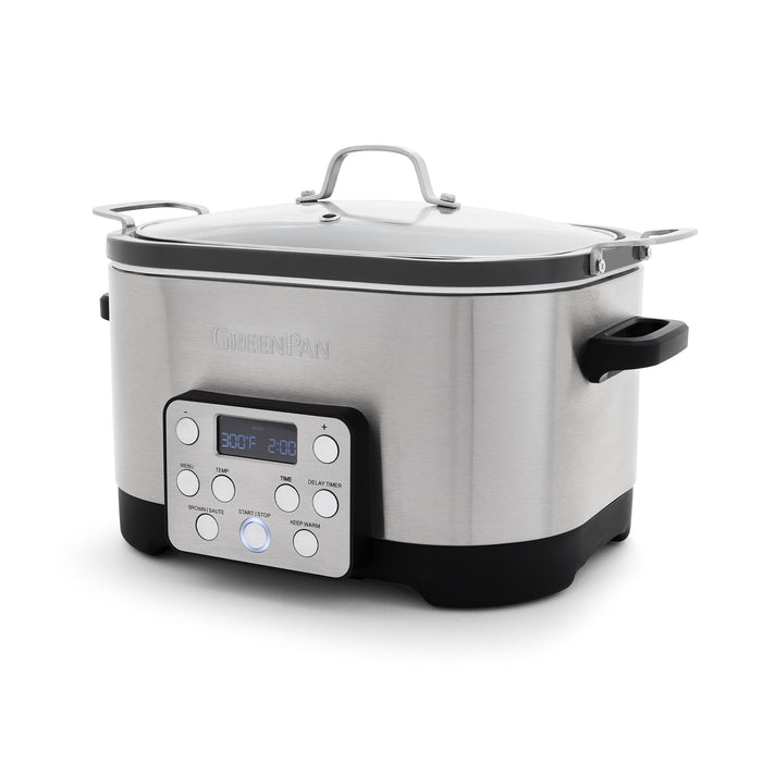 Stainless steel 6-quart slow cooker with digital display and in-pot browning settings.