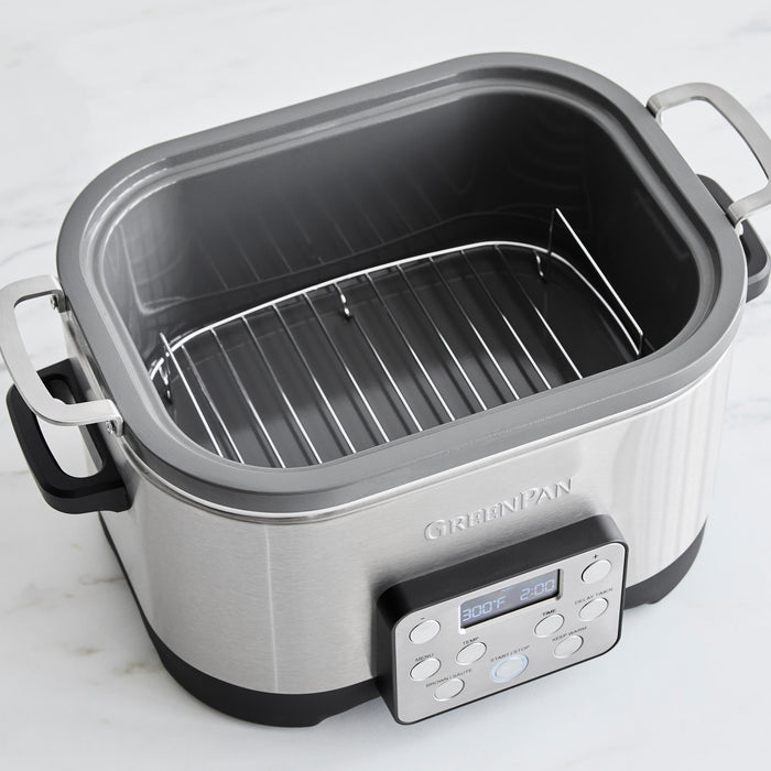 Stainless steel 6-quart slow cooker with digital display and in-pot browning function.