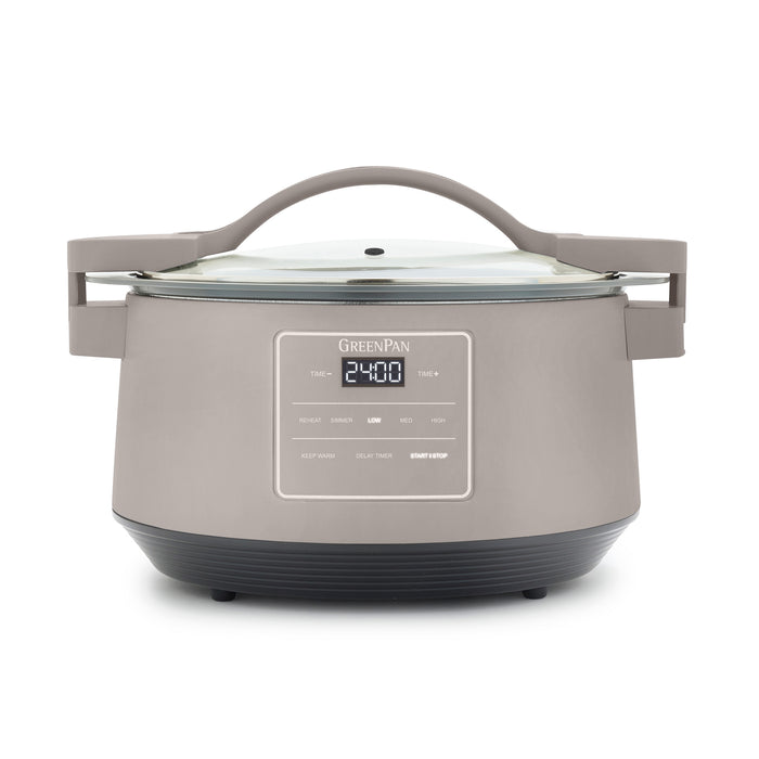 Clay-colored 8-quart slow cooker with locking glass lid, display screen, and side handles.