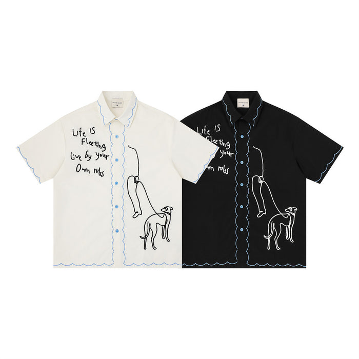 Oversized short sleeve shirt in black and white, featuring abstract greyhound line art, scalloped trim, and handwritten text detail