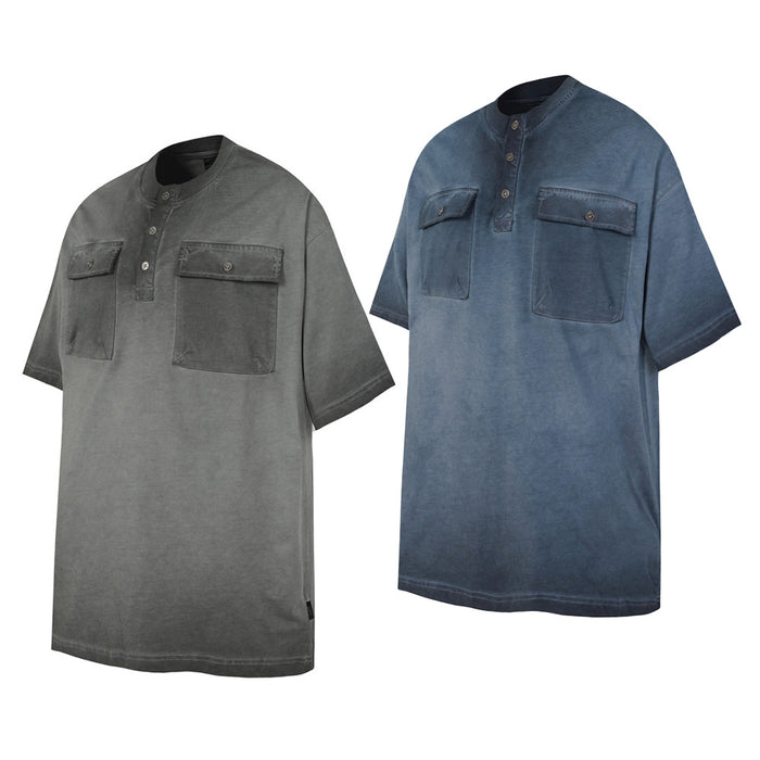 Oversized acid wash henley T-shirt in gray and blue, featuring dual chest pockets and a relaxed fit