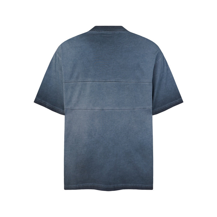 Blue acid wash oversized Henley T-shirt with relaxed fit, short sleeves, and dual chest pockets, shown from the back