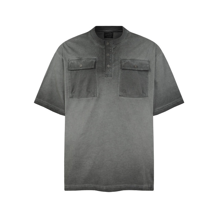 Charcoal acid wash oversized Henley T-shirt with short sleeves and dual buttoned chest pockets
