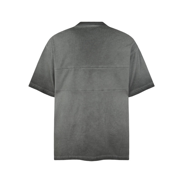 Gray acid wash oversized Henley T-shirt with short sleeves and dual chest pockets, shown from the back