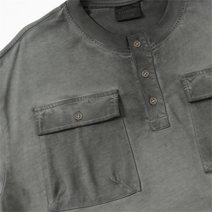 Gray acid wash oversized henley T-shirt with button placket and dual chest flap pockets