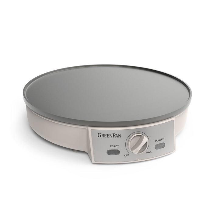 Electric crepe maker with gray cooking surface and control panel on a white background