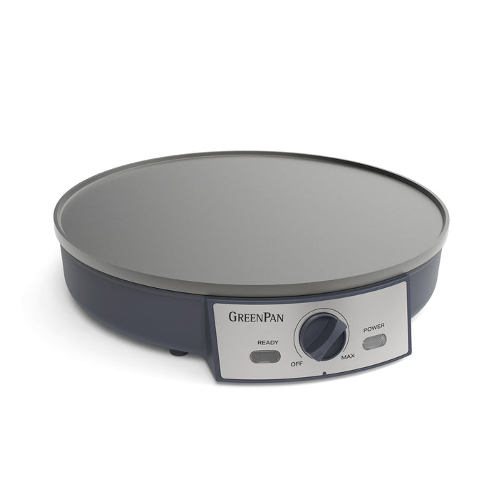 Gray electric crepe maker with control panel on a white background