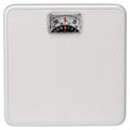 Analog bathroom scale with white textured surface and small central dial