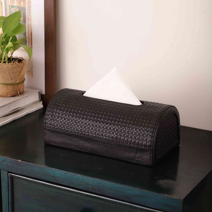 Arc Weave Leather Napkin Holder – Black/Tan Dining Accent