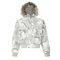 Front view of a cropped white and grey snow camouflage bomber jacket with oversized faux fur-trim hood and button zip closure