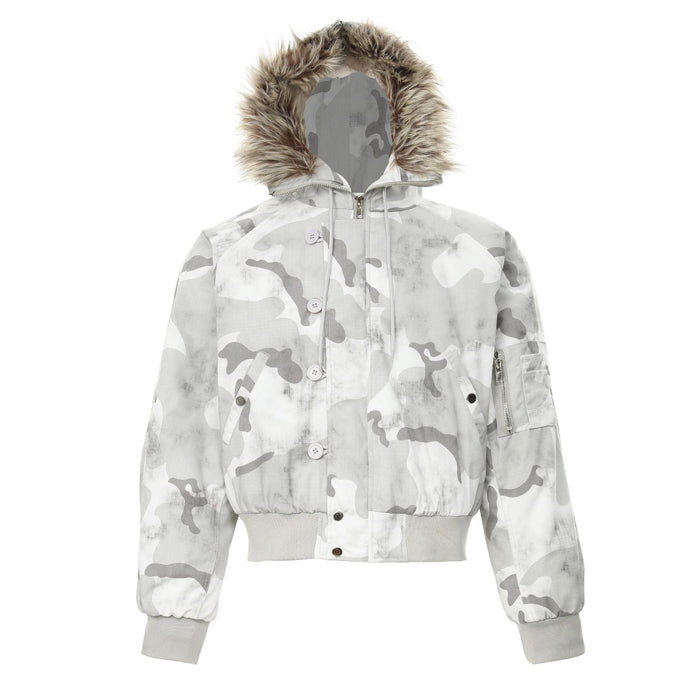 Front view of a cropped white and grey snow camouflage bomber jacket with oversized faux fur-trim hood and button zip closure