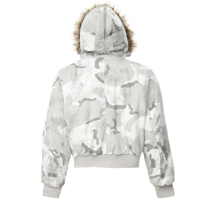 Back view of light gray snow camo bomber jacket with fur-trim hood and ribbed hem