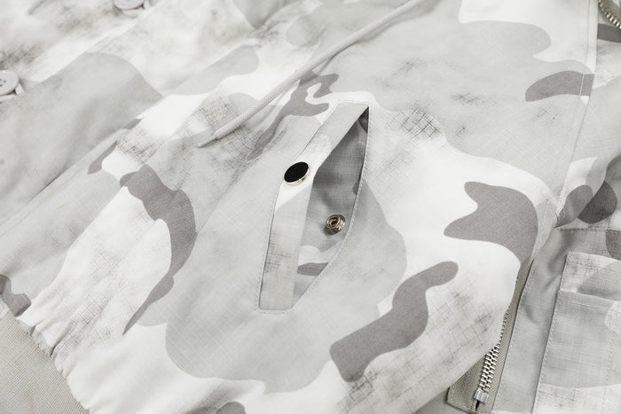 Close-up of front hood area with drawstring, snap buttons, and camo print
