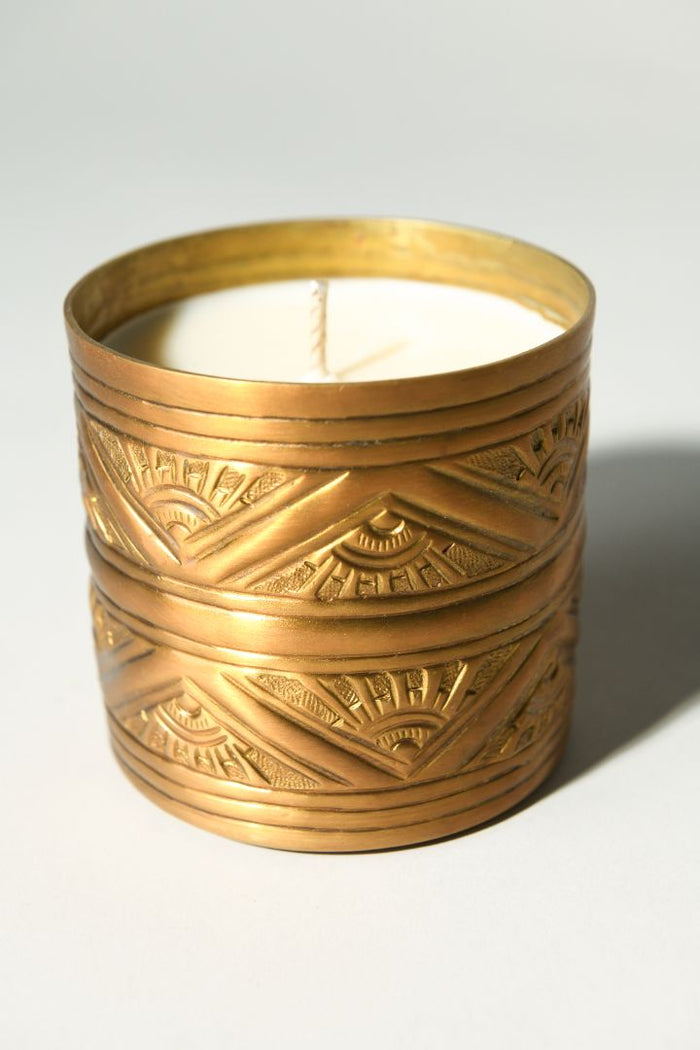 Art Deco Repoussé Brushed Brass Scented Candle
