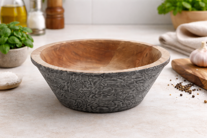 Artistic Wooden Carved Bowl White Home Accent