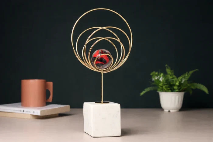 Aurora Gold Rings Accent Sculpture | Luxurious Red Crystal Sphere Decor