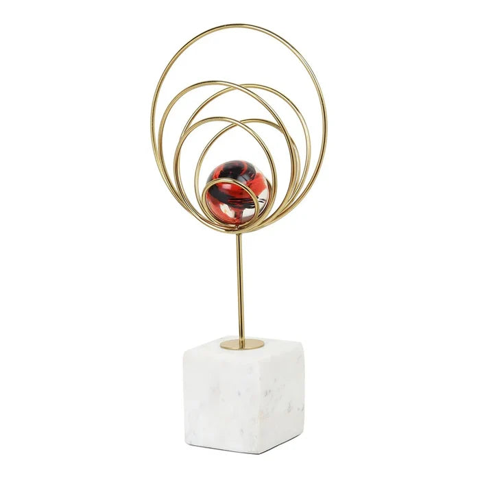 Aurora Gold Rings Accent Sculpture | Luxurious Red Crystal Sphere Decor