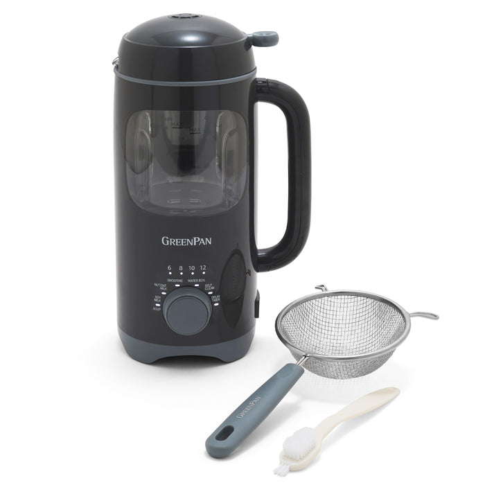 Milk maker with graphite handle, mesh strainer with blue handle, and white cleaning brush, shown as a three-piece set.