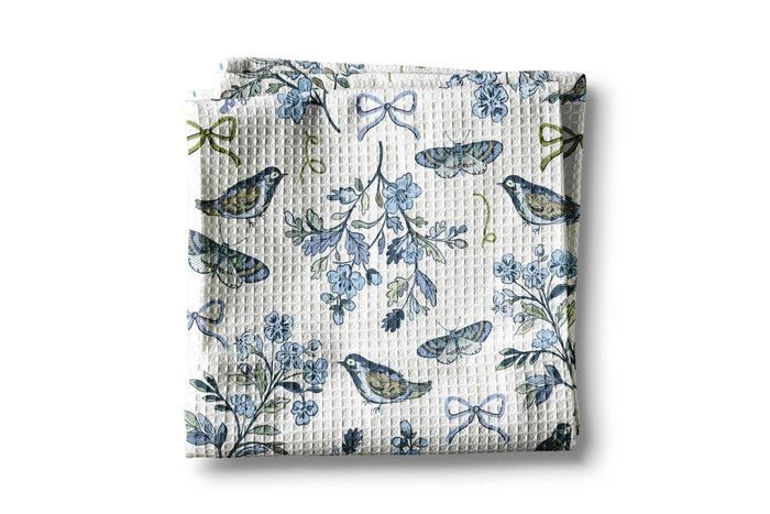 Bird Chinoiserie Floral Kitchen Towel Blue White Spring Bow