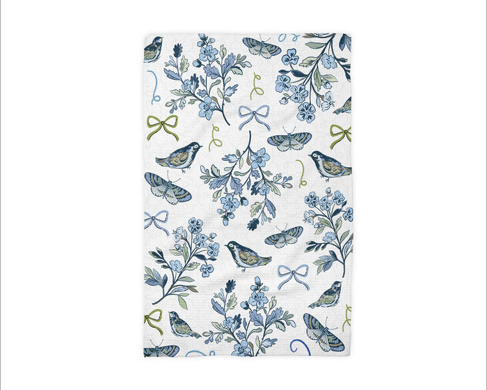 Bird Chinoiserie Floral Kitchen Towel Blue White Spring Bow