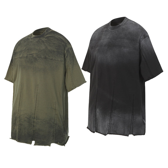 Oversized acid wash distressed T-shirt in olive green and black with raw hem and frayed streetwear detailing