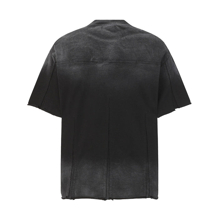 Black acid wash oversized distressed T-shirt with raw seam details and faded finish on a plain white background