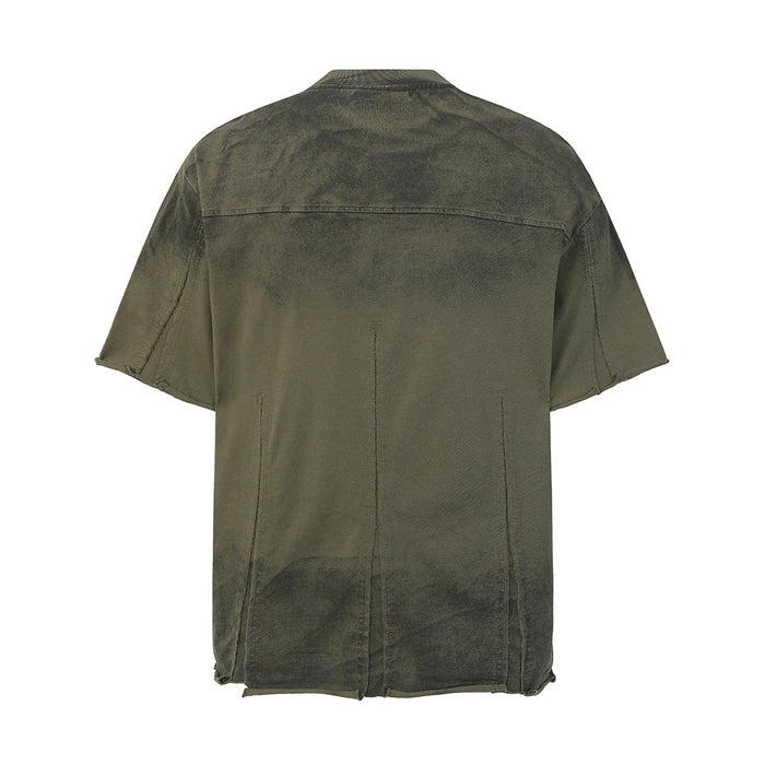 Olive green acid wash oversized distressed T-shirt with raw hem and worn punk streetwear finish