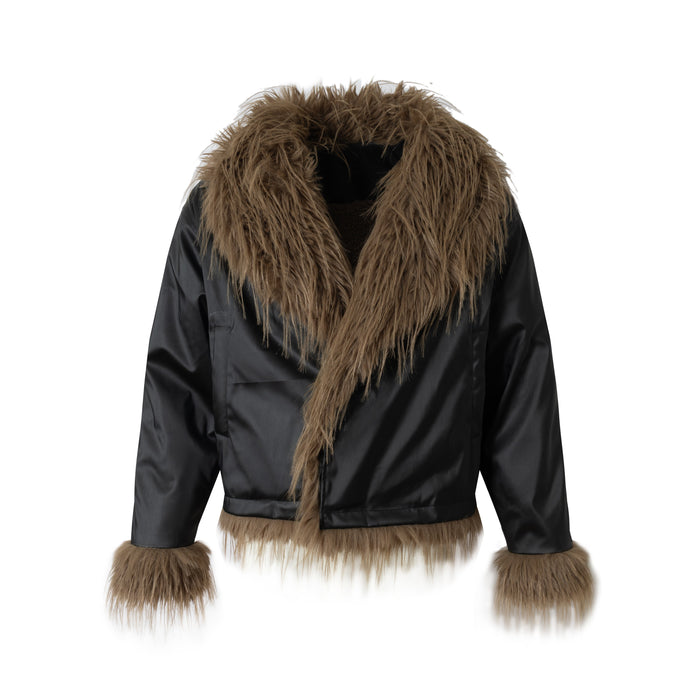 Black faux-leather cropped bomber jacket with oversized brown fur collar, cuffs and hem, front view