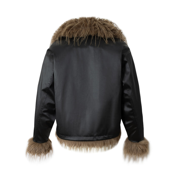 Back view of black faux-leather cropped bomber jacket with brown fur collar and fur trim at hem and cuffs