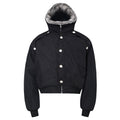 Black cropped bomber jacket with fur-lined hood, silver snap buttons, and ribbed cuffs on a white background