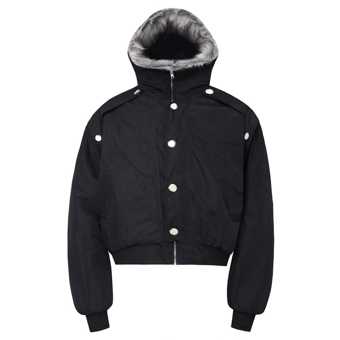 Black cropped bomber jacket with fur-lined hood, silver snap buttons, and ribbed cuffs on a white background