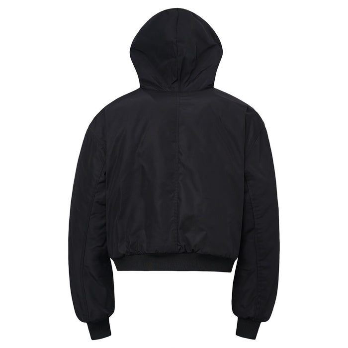 Black cropped hooded bomber jacket, back view with ribbed cuffs and hem