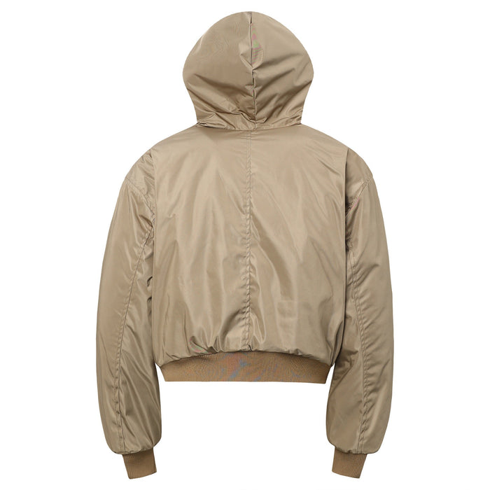 Beige cropped bomber jacket, back view with hood and ribbed hem