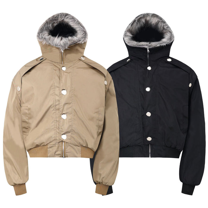 Beige and black cropped hooded bomber jackets shown front view side by side