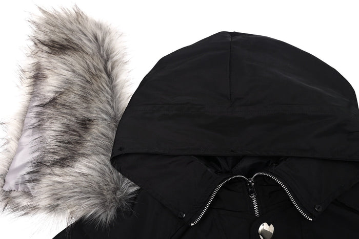 Black hooded bomber jacket shown with fur-trim hood and zipper detail