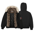 Black hooded bomber jacket open to reveal leopard faux-fur lining with cream fur hood trim, shown front and back